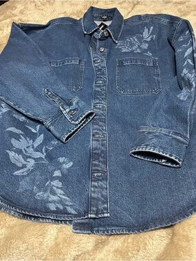 Women's Blue Denim oversized Button-Up Shirt Jacket with Subtle Floral Print